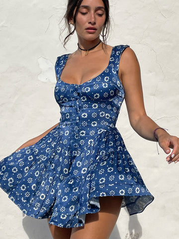 The Elisabeth Romper Dress - Indigo Flower