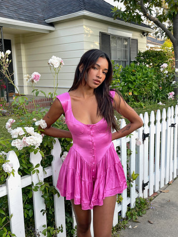 The Elisabeth Romper Dress - Hot Pink Satin